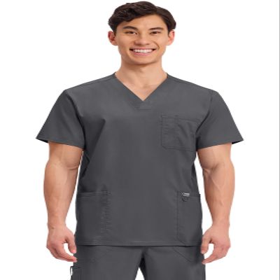 Cherokee Scrub top for Men V-Neck with 3 Pockets, Knit Details, Soft, Durable, Breathable, 2-Way Stretch Fabric - WW670, M, Pewter