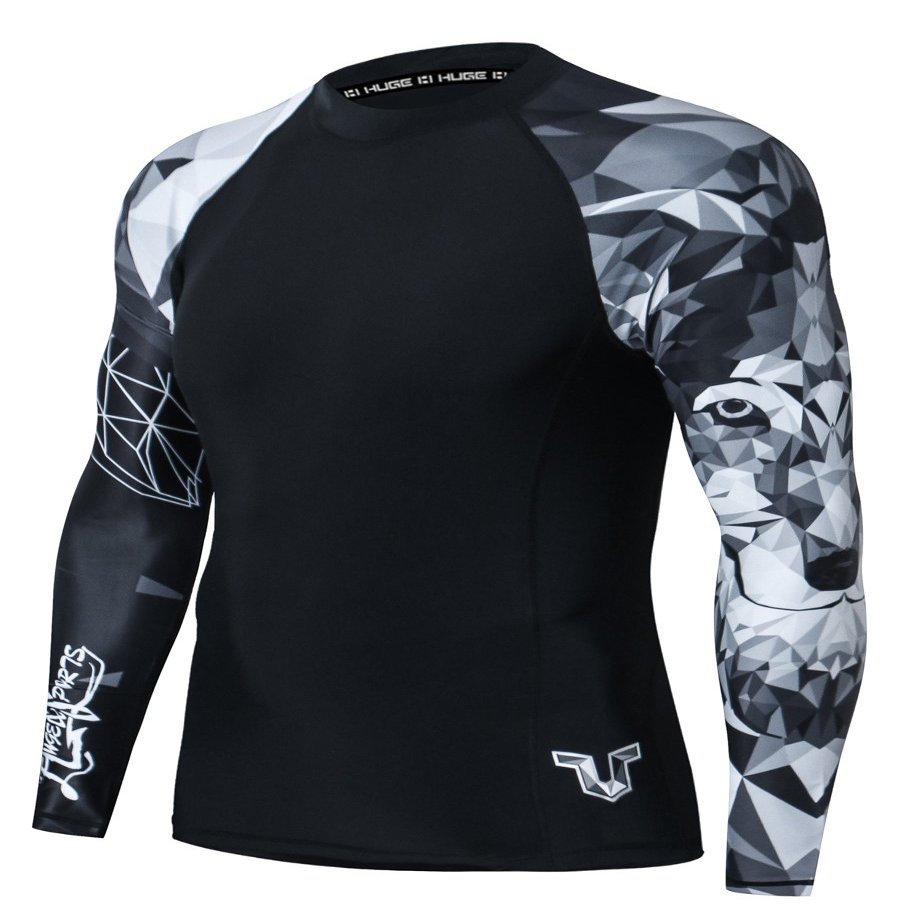 HUGE SPORTS Wildling Series UV Protection Quick Dry Compression Rash Guard (Wolf,3XL)