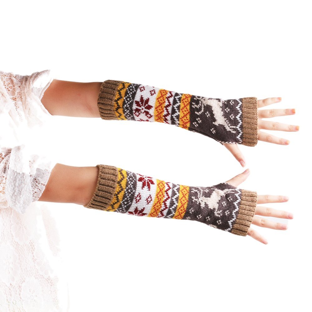 Ealafee Black Knitted Half Finger Gloves for Girls Warm Deer Mittens for Winter