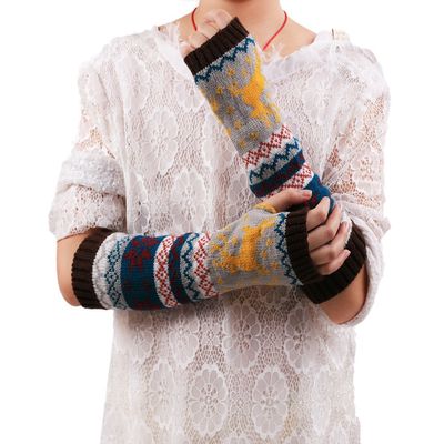 Ealafee Women Winter Coffee Half Finger Knit Gloves Soft Deer Crochet Mittens