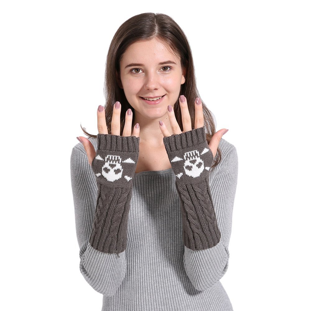 Ealafee Ladies Grey Mittens Winter Warm Knit Skull Windproof Gloves for Women