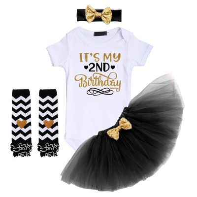 Baby Girls Half 1st 2nd Birthday Outfits Two Years Cake Smash Party 4PCS Clothes set Short Sleeve Gold Letter Print Shiny Sequin Bowknot Romper Bodysuit Tulle Tutu Skirt Headband Stripes Leg Warmers