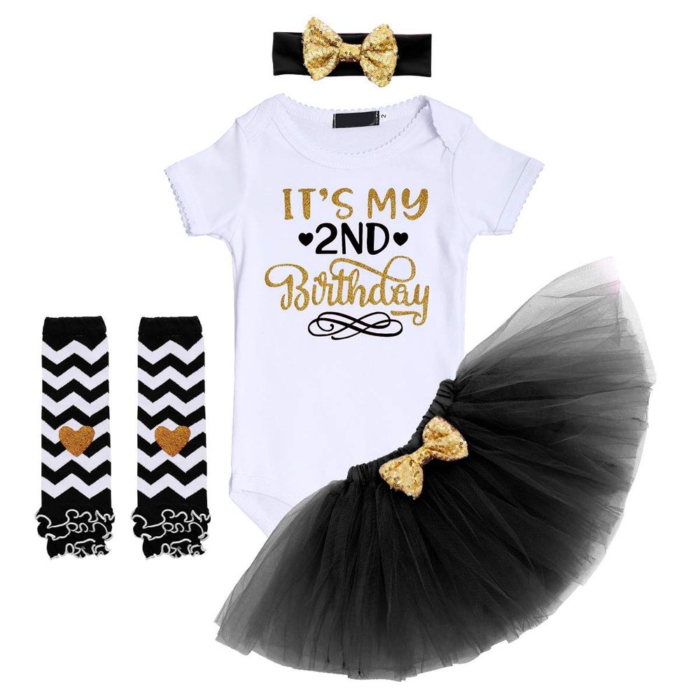 Baby Girls Half 1st 2nd Birthday Outfits Two Years Cake Smash Party 4PCS Clothes set Short Sleeve Gold Letter Print Shiny Sequin Bowknot Romper Bodysuit Tulle Tutu Skirt Headband Stripes Leg Warmers