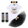 Baby Girls Half 1st 2nd Birthday Outfits Two Years Cake Smash Party 4PCS Clothes set Short Sleeve Gold Letter Print Shiny Sequin Bowknot Romper Bodysuit Tulle Tutu Skirt Headband Stripes Leg Warmers view 1