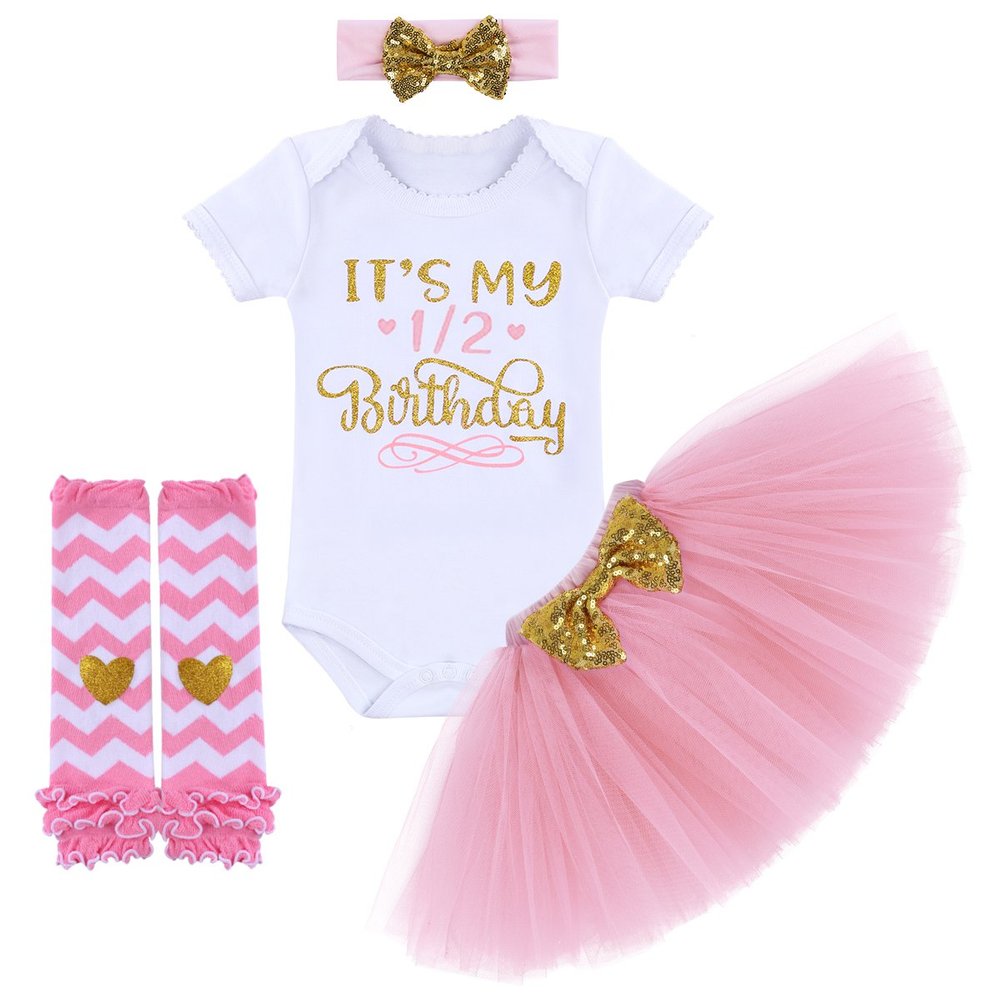 Baby Girls Half 1st 2nd Birthday Outfits Party Cake Smash Short Sleeve Gold Letter Print Shiny Sequin Bowknot Romper Bodysuit + Tulle Tutu Skirt + Headband + Stripes Leg Warmer 4PCS Clothes set