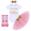 Baby Girls Half 1st 2nd Birthday Outfits Party Cake Smash Short Sleeve Gold Letter Print Shiny Sequin Bowknot Romper Bodysuit + Tulle Tutu Skirt + Headband + Stripes Leg Warmer 4PCS Clothes set view 1