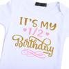 Baby Girls Half 1st 2nd Birthday Outfits Party Cake Smash Short Sleeve Gold Letter Print Shiny Sequin Bowknot Romper Bodysuit + Tulle Tutu Skirt + Headband + Stripes Leg Warmer 4PCS Clothes set view 4
