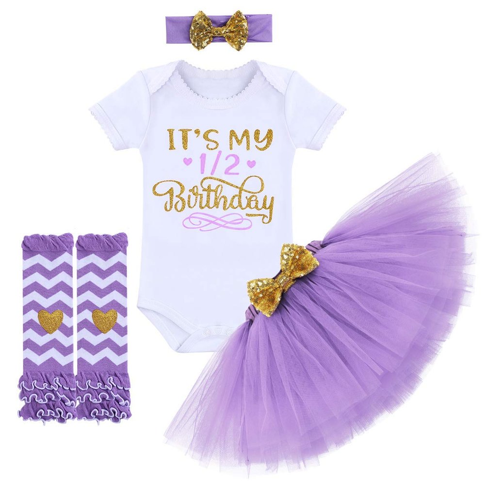 Baby Girls Half 1st 2nd Birthday Outfits Party Cake Smash Short Sleeve Gold Letter Print Shiny Sequin Bowknot Romper Bodysuit + Tulle Tutu Skirt + Headband + Stripes Leg Warmer 4PCS Clothes set