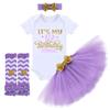 Baby Girls Half 1st 2nd Birthday Outfits Party Cake Smash Short Sleeve Gold Letter Print Shiny Sequin Bowknot Romper Bodysuit + Tulle Tutu Skirt + Headband + Stripes Leg Warmer 4PCS Clothes set view 1