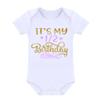 Baby Girls Half 1st 2nd Birthday Outfits Party Cake Smash Short Sleeve Gold Letter Print Shiny Sequin Bowknot Romper Bodysuit + Tulle Tutu Skirt + Headband + Stripes Leg Warmer 4PCS Clothes set view 2