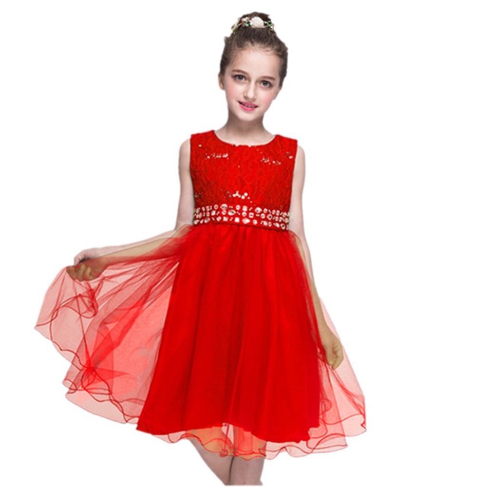 DreamHigh Sequined Flower Girls Party Pegant Dress (2, Red 2)