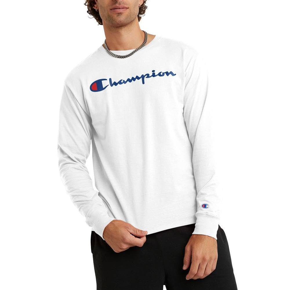 Champion Men's Graphic Classic Jersey Ls Tee, White, Medium