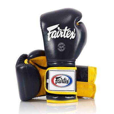 Fairtex Muay Thai Boxing Gloves BGV9 - Heavy Hitter Mexican Style Training & Sparring Gloves for Kick Boxing MMA K1 (Blue/Yellow, 12 oz)