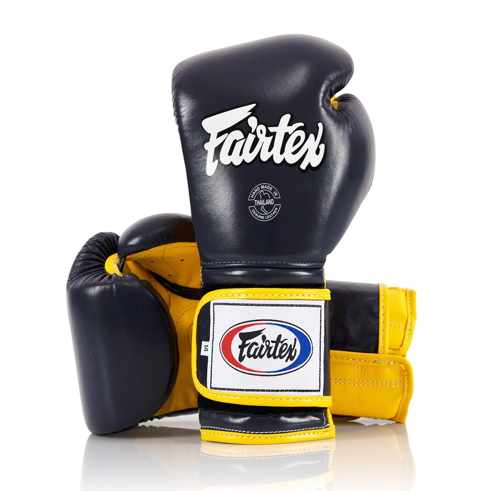 Fairtex Muay Thai Boxing Gloves BGV9 - Heavy Hitter Mexican Style Training & Sparring Gloves for Kick Boxing MMA K1 (Blue/Yellow, 12 oz)