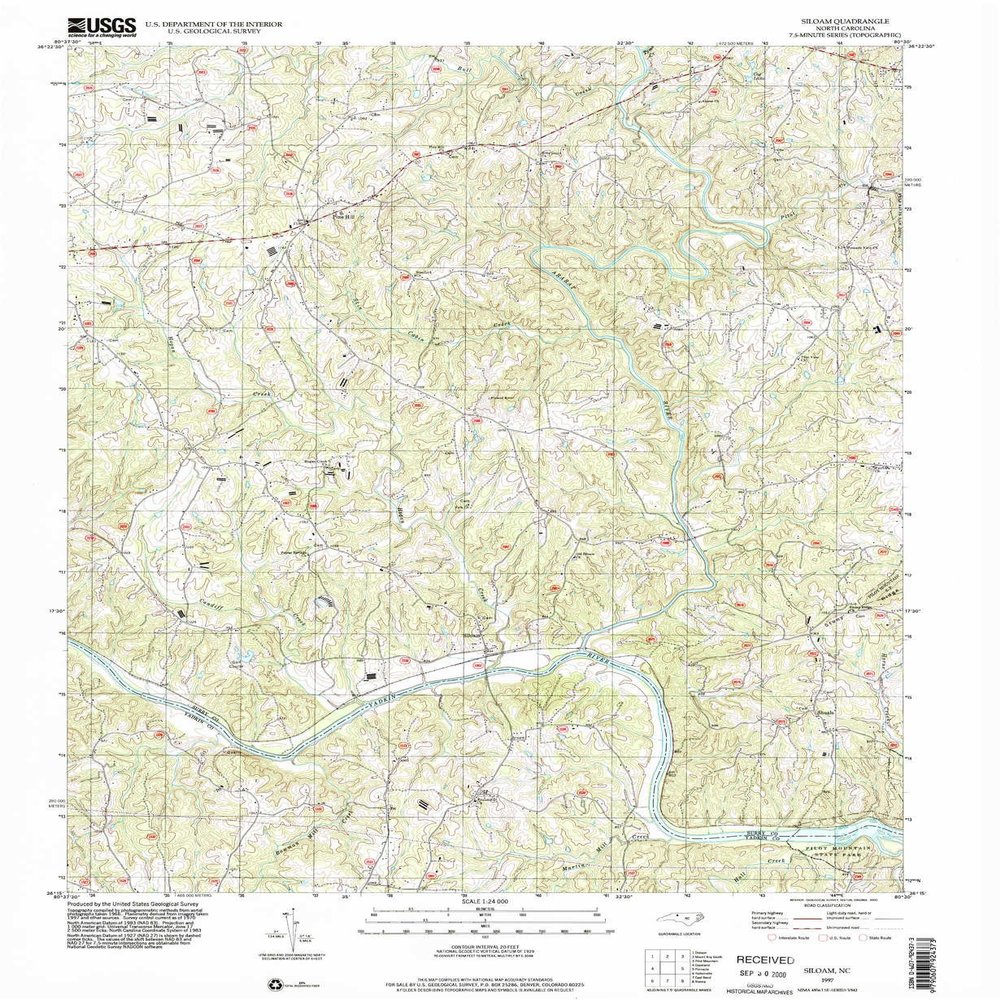 YellowMaps Siloam NC topo map, 1:24000 Scale, 7.5 X 7.5 Minute, Historical, 1997, Updated 2000, 26.9 x 22 in - Tyvek