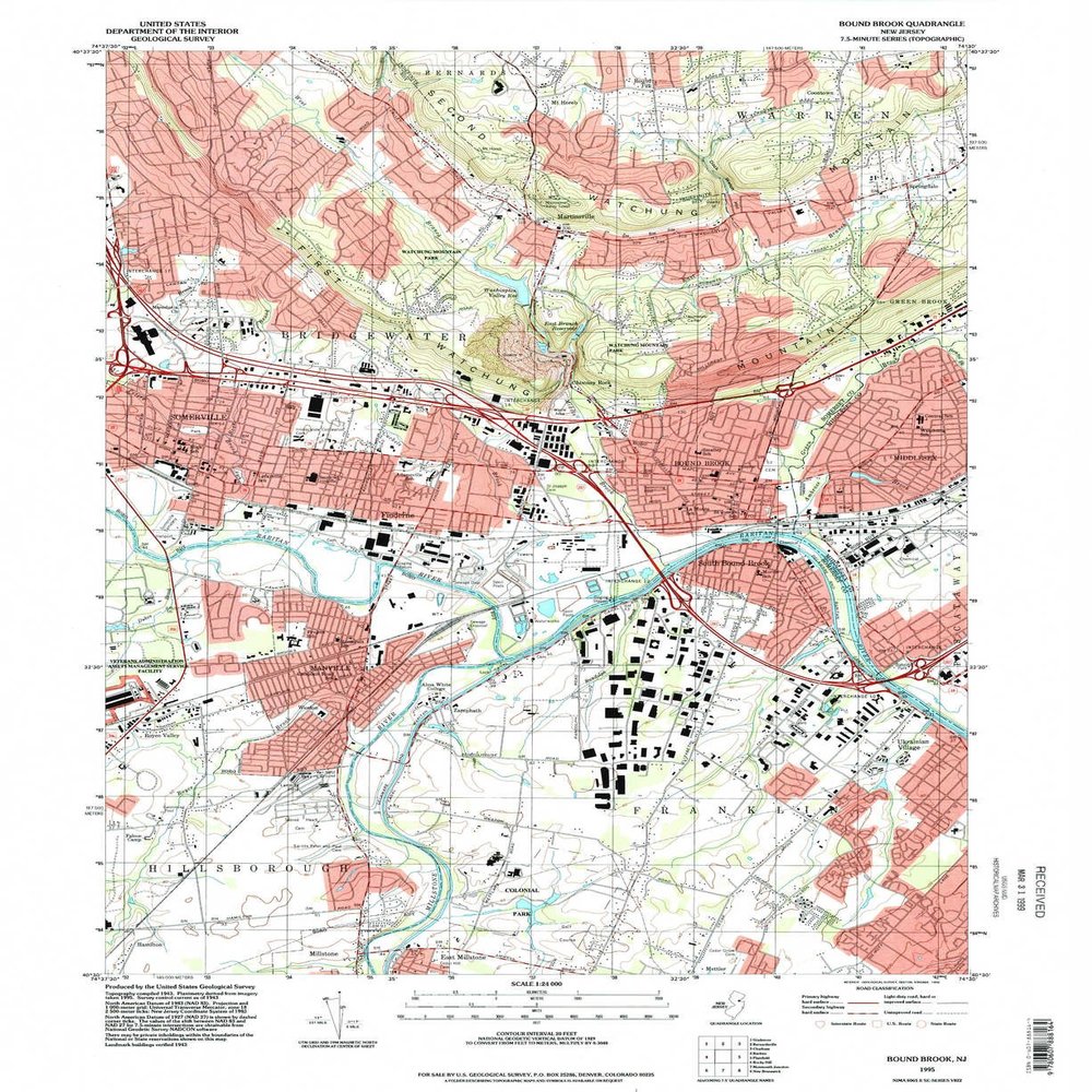 YellowMaps Bound Brook NJ topo map, 1:24000 Scale, 7.5 X 7.5 Minute, Historical, 1995, Updated 1998, 27 x 22 in - Tyvek