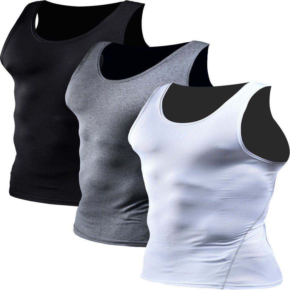 NELEUS Men's 3 Pack Athletic Compression Under Base Layer Sport Tank Top,01,Black,Grey,White,2XL,EUR 3XL
