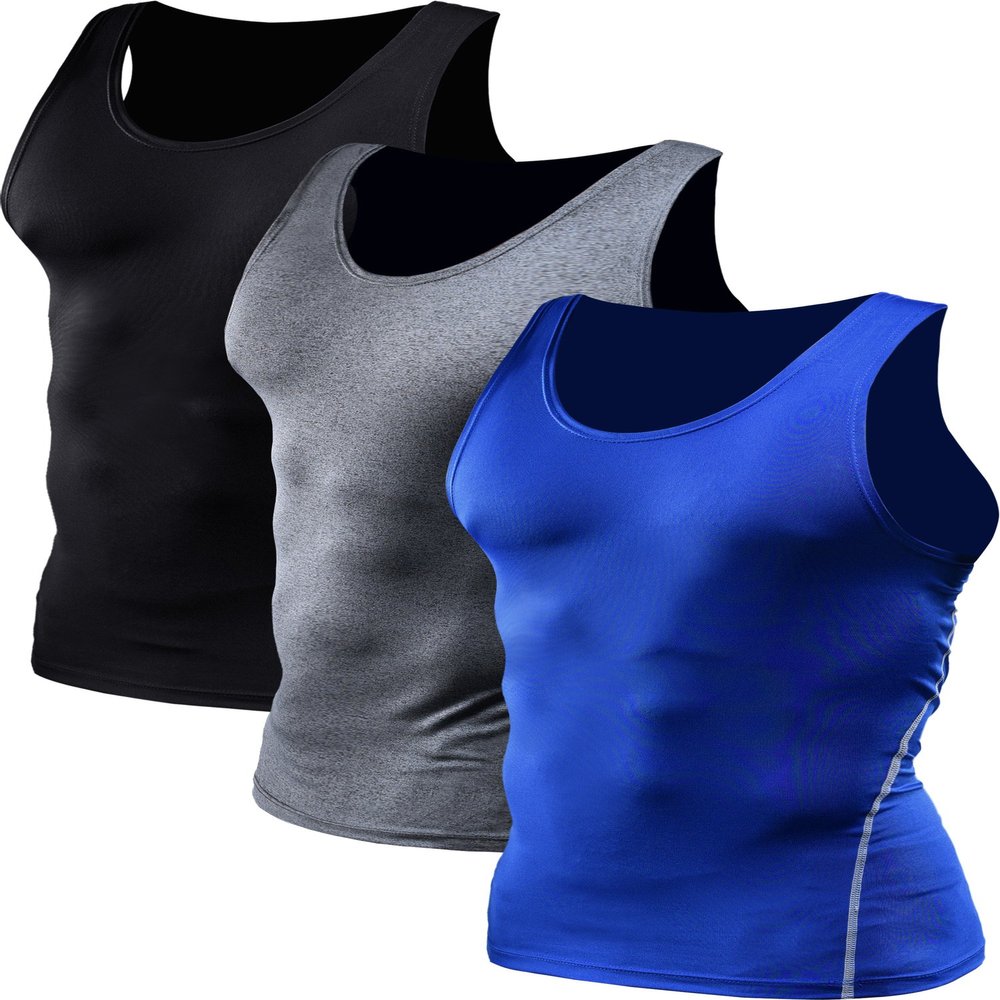 NELEUS Men's 3 Pack Athletic Compression Under Base Layer Sport Tank Top,01,Black,Grey,Blue,2XL,EUR 3XL