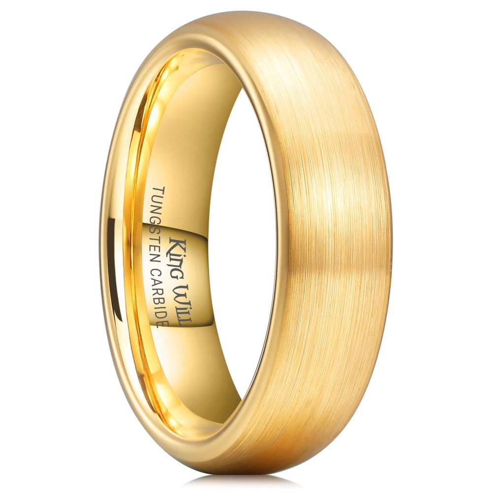 King Will 6mm Mens Womens Gold Wedding Band, Domed Brushed Tungsten Carbide Rings for Men Women, Comfort Fit, Durable, Size 7