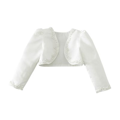 Freebily Kids Girls' Long Sleeves Beaded Cardigan Bolero Jacket Pearls Shrug Short Flower Girls Dress Cover Up Ivory 8-9