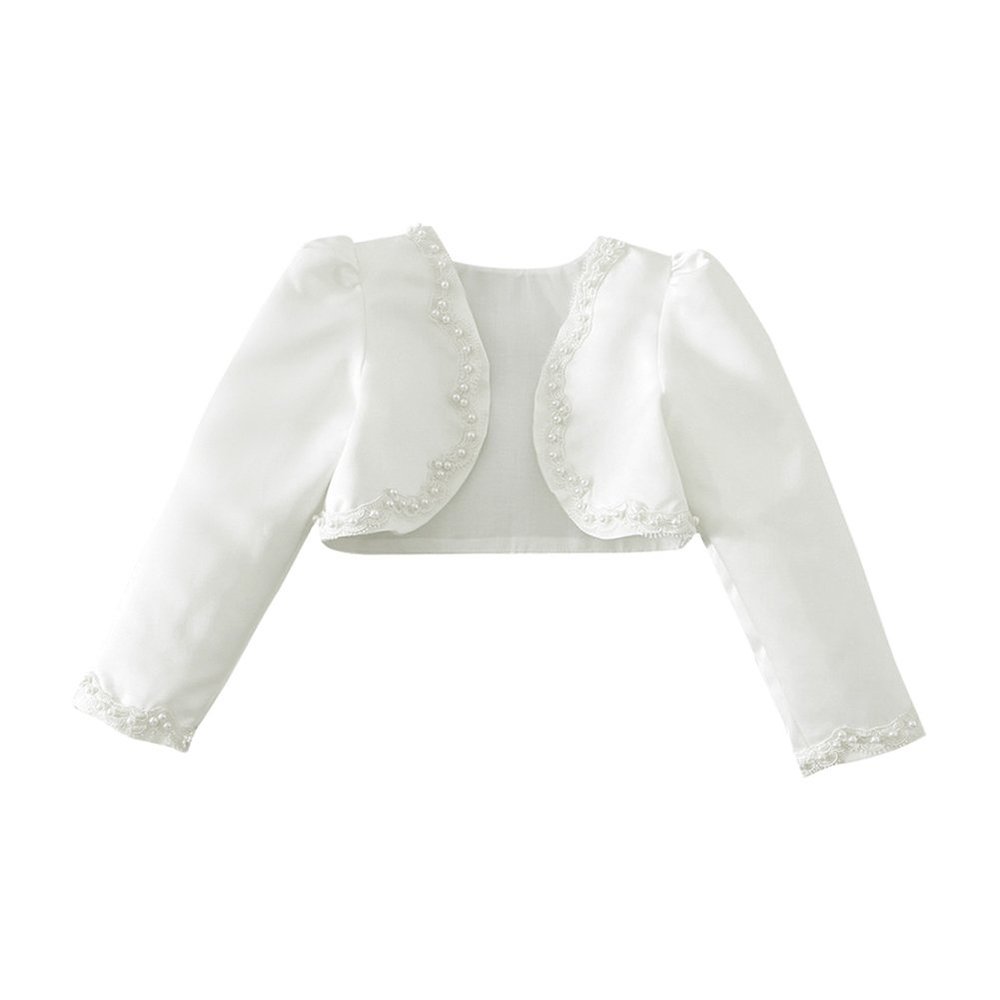 Freebily Kids Girls' Long Sleeves Beaded Cardigan Bolero Jacket Pearls Shrug Short Flower Girls Dress Cover Up Ivory 8-9