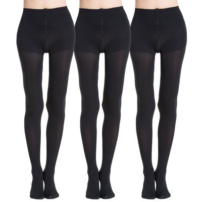 MANZI 3 Pairs Run Resistant Control Top Panty Hose Opaque Tights, Black, L