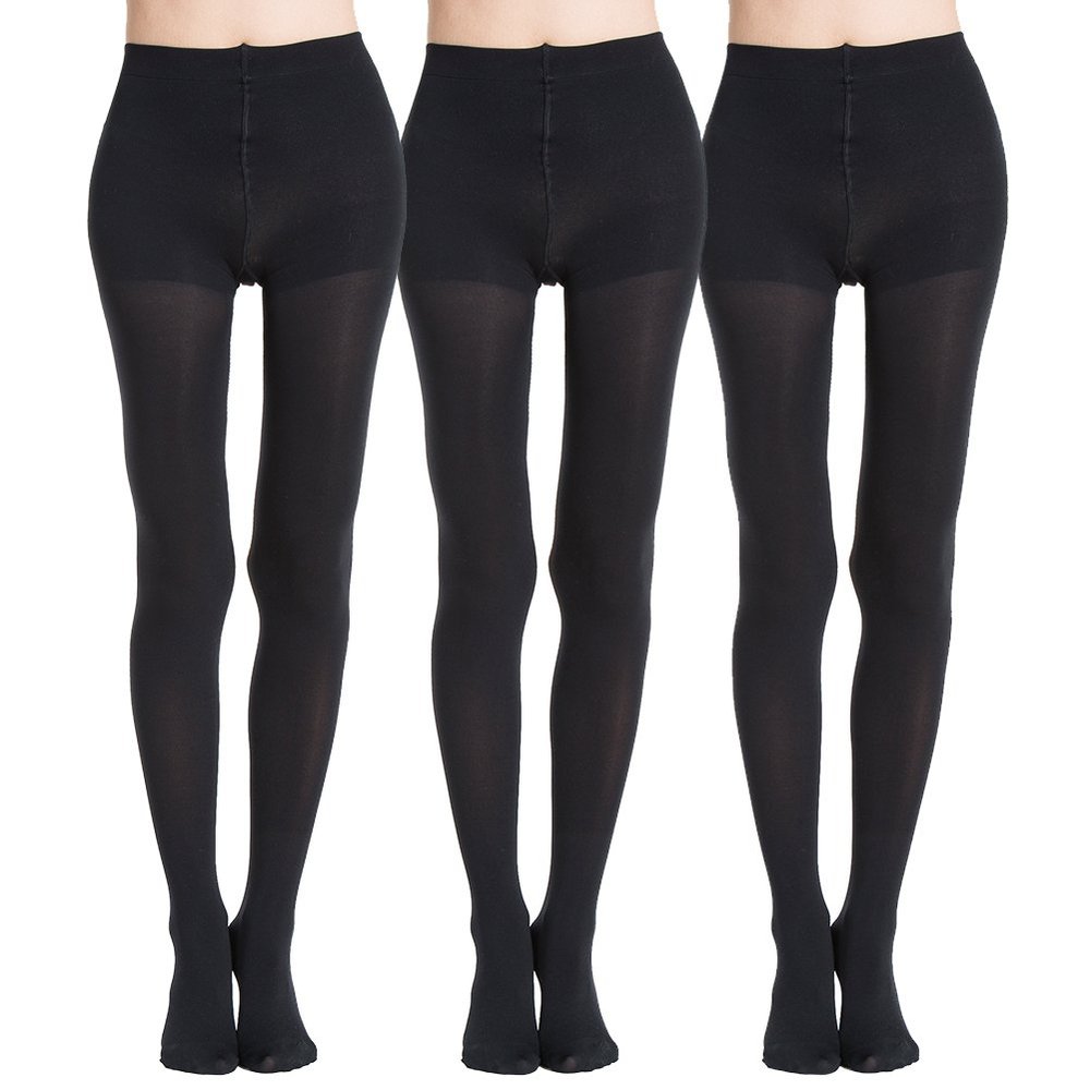 MANZI 3 Pairs Run Resistant Control Top Panty Hose Opaque Tights, Black, L