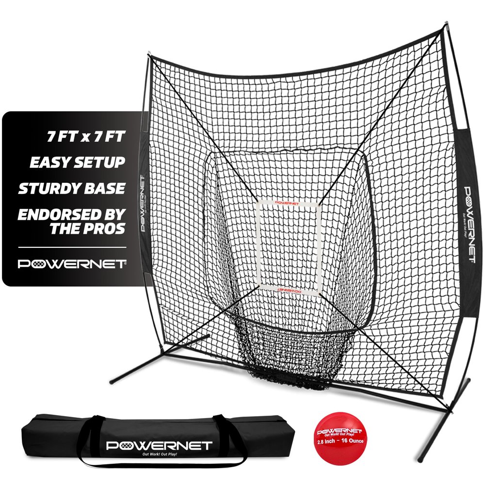 PowerNet Baseball & Softball Practice Net 7x7 FT with Accessories for Practice Pitching & Batting, Weighted Ball, Strike Zone Attachment (Pitching Kit, Black)