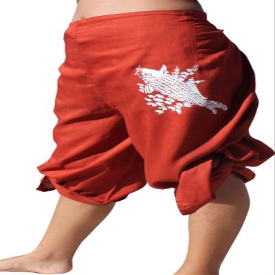 RaanPahMuang Rayon Wrap Drive in Pants with Carp Fish Print, Large, Sinopia Brown
