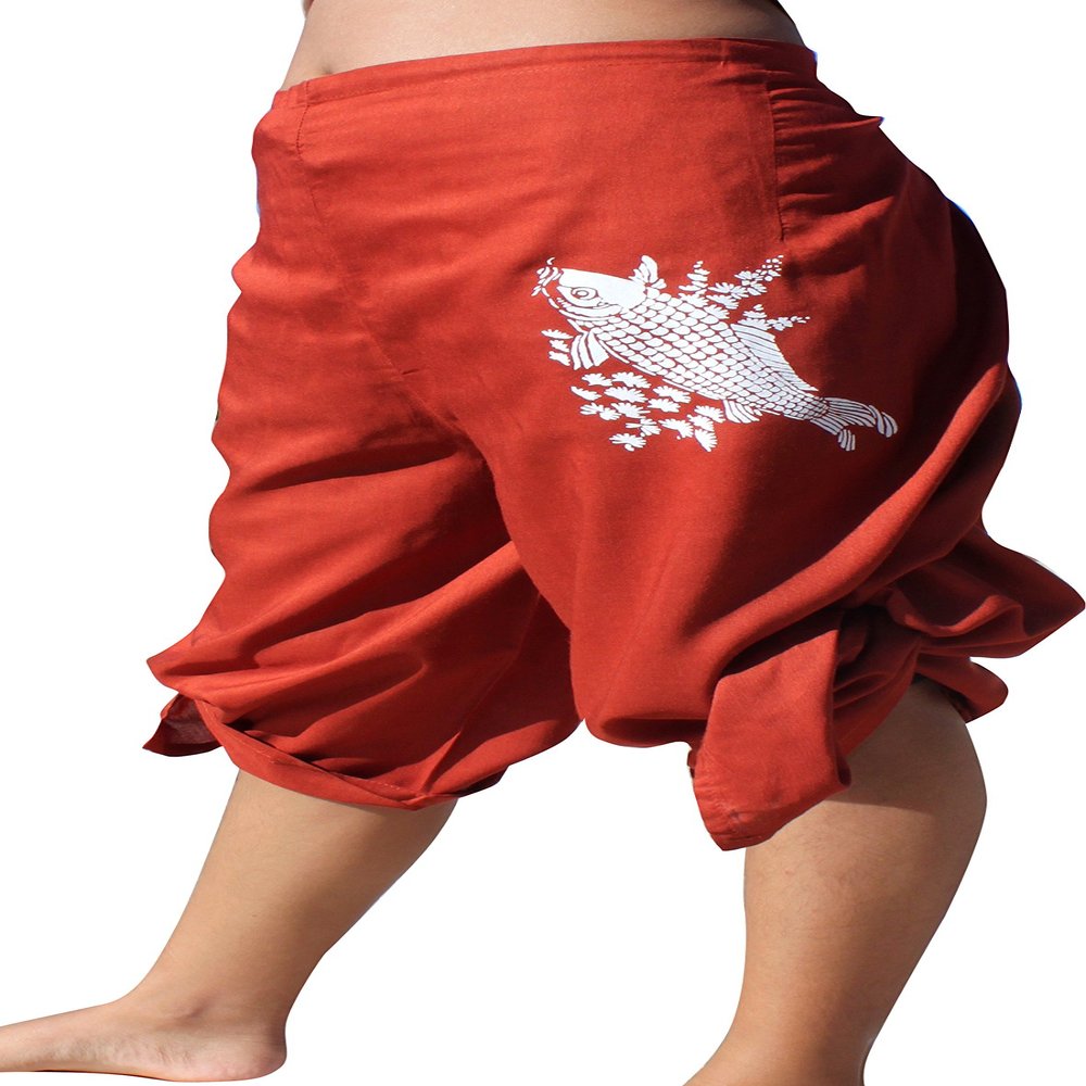 RaanPahMuang Rayon Wrap Drive in Pants with Carp Fish Print, Large, Sinopia Brown