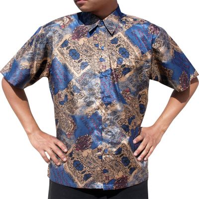RaanPahMuang Light Smart Classic Cut Buttoned Thai Silk Artistic Short Sleeve, Small, Brown