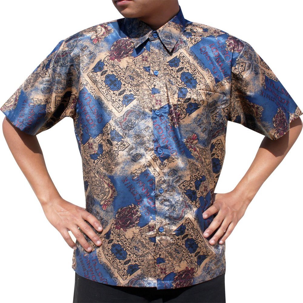 RaanPahMuang Light Smart Classic Cut Buttoned Thai Silk Artistic Short Sleeve, Small, Brown