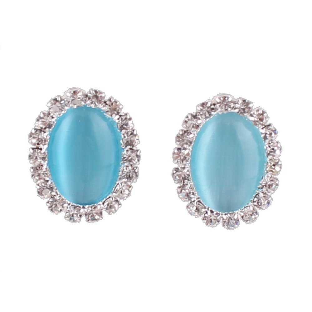 Bridal Rhinestone Opal Oval Shape Clip on Earrings for Women Charm Jewelry No Hole Ear Clip (lake blue)