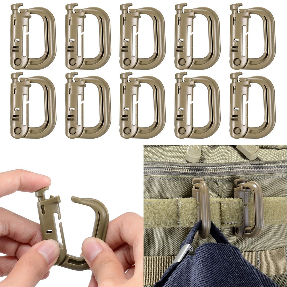 10 Pack Multipurpose D-Ring Grimlock Locking for Molle Webbing with Zippered Pouch by BOOSTEADY (Brown)