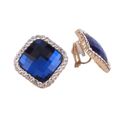 Grace Jun Gold Color Rhinestone Crystal Square Shape Clip on Earrings No Pierced for Women Cuff Ear Clip (Navy blue Clip-on)