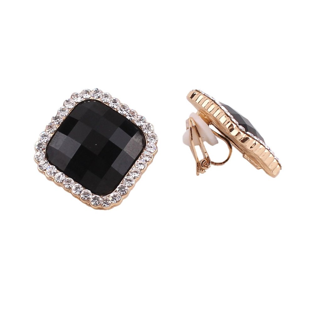 Grace Jun Gold Color Rhinestone Crystal Square Shape Clip on Earrings No Pierced or Stud Earrings (Black Clip-on)
