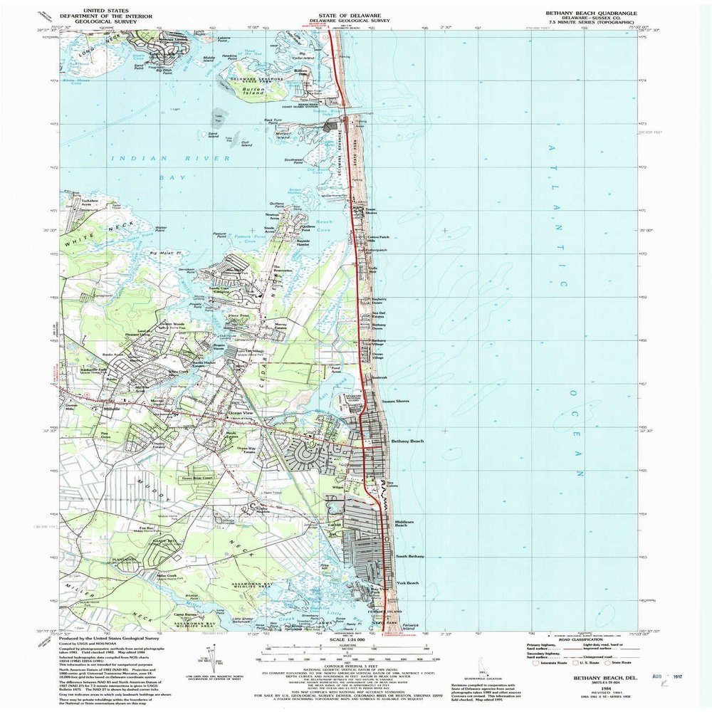 YellowMaps Bethany Beach DE topo map, 1:24000 Scale, 7.5 X 7.5 Minute, Historical, 1984, Updated 1992, 27 x 22 in - Tyvek