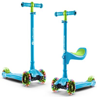 Lascoota 2-in-1 Kids Scooter - Seated-to-Stand Kids Scooter with Removable Seat - Adjustable Handlebar Height & Lean-to-Steer Balance - Glow-in-the-Dark LED Wheels - Blue/Yellow, Ages 3-10, 100 lb Max