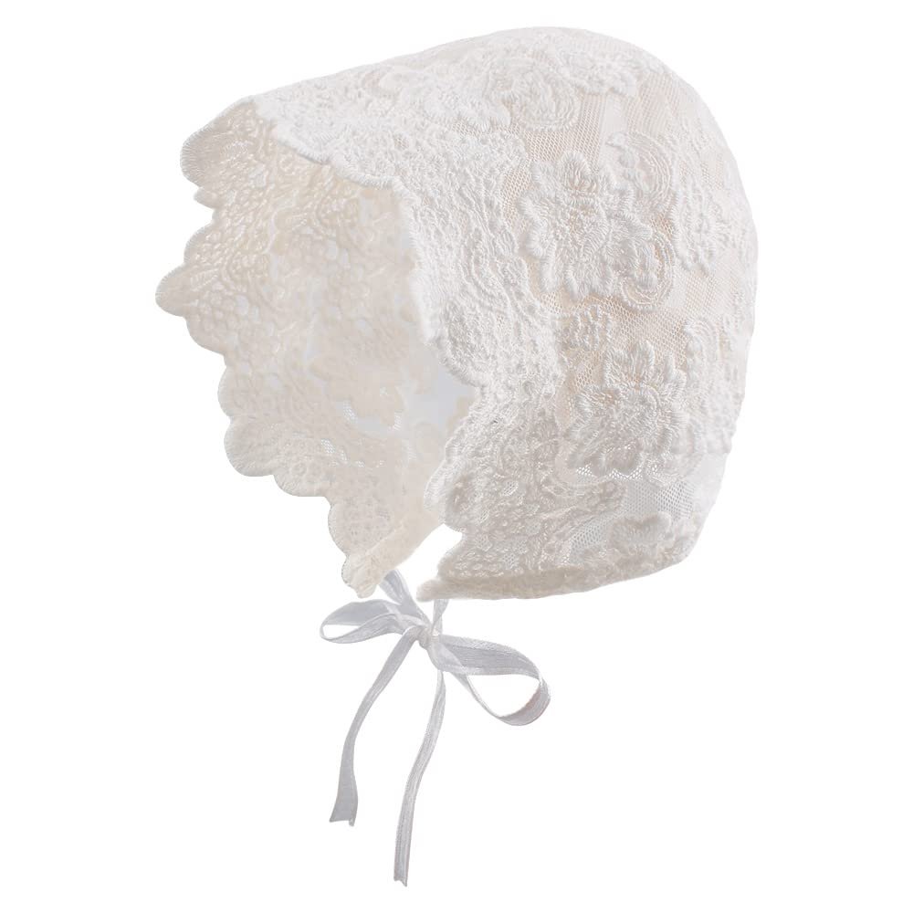 Baby Girl Bonnet Eyelet Lace Cotton Christening Bonnet Toddler Handmade Beanie Sun Protection Hat with Pearl Bow (Big Flowers, 0-3M)
