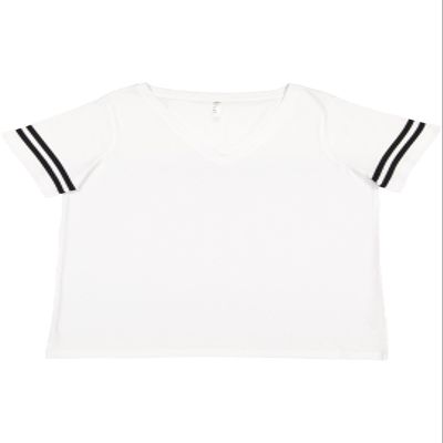 LAT Ladies' Curvy Fit Premium Jersey V- Neck Short Sleeve Football Tee, White Solid/Black, 14/16