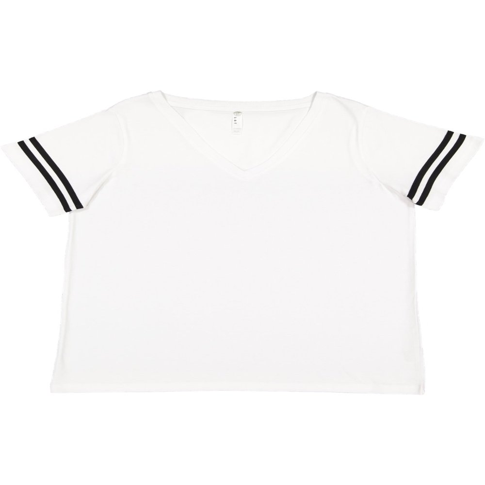 LAT Ladies' Curvy Fit Premium Jersey V- Neck Short Sleeve Football Tee, White Solid/Black, 14/16