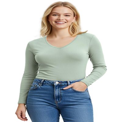Emmalise Women's Junior and Plus Size Vneck Tshirt Long Sleeves Shirt Tee, Large, Mint