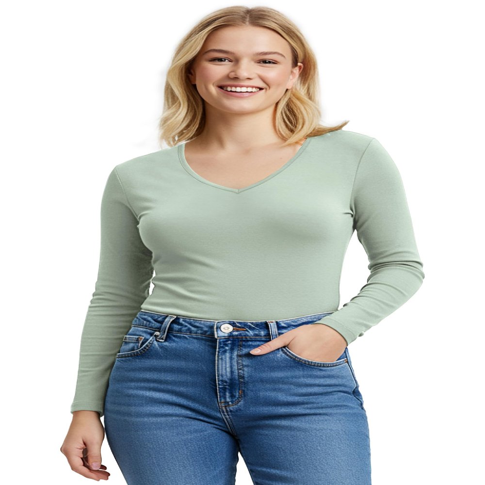 Emmalise Women's Junior and Plus Size Vneck Tshirt Long Sleeves Shirt Tee, Large, Mint