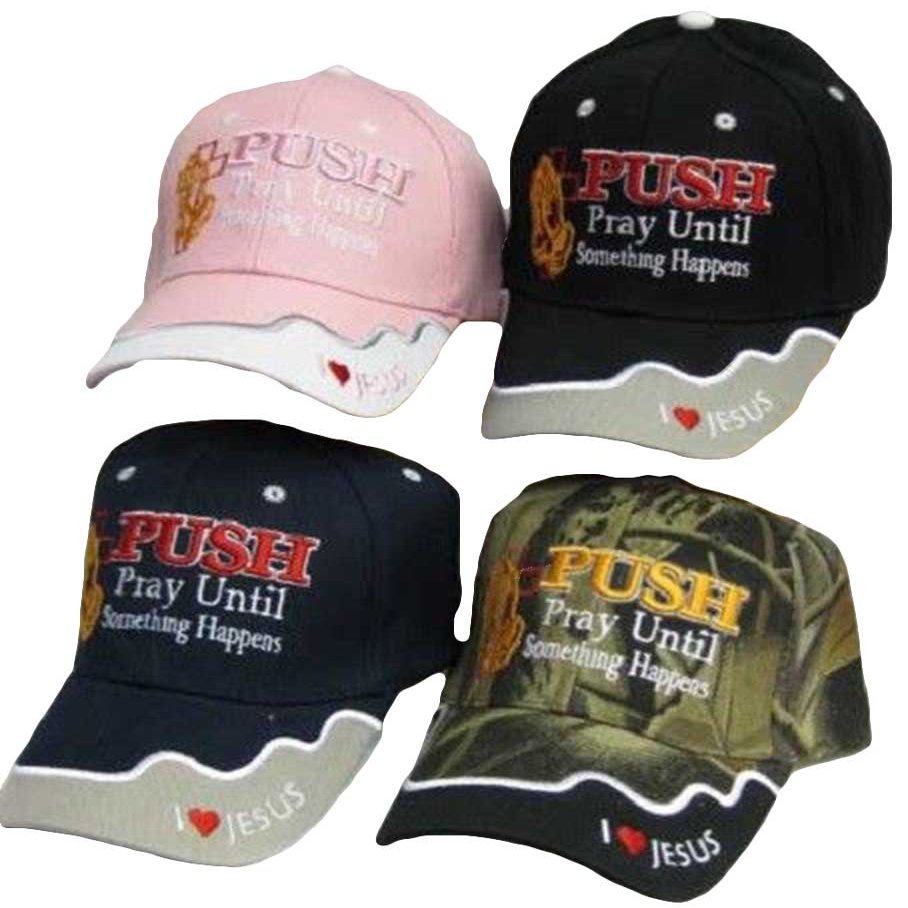 AES Push Pray Until Something Happens I Love Jesus Blue Embroidered Cap Hat