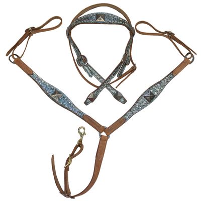 San Saba Equine Leather Headstall and Breastcollar Set with Green Metallic Floral Overlay