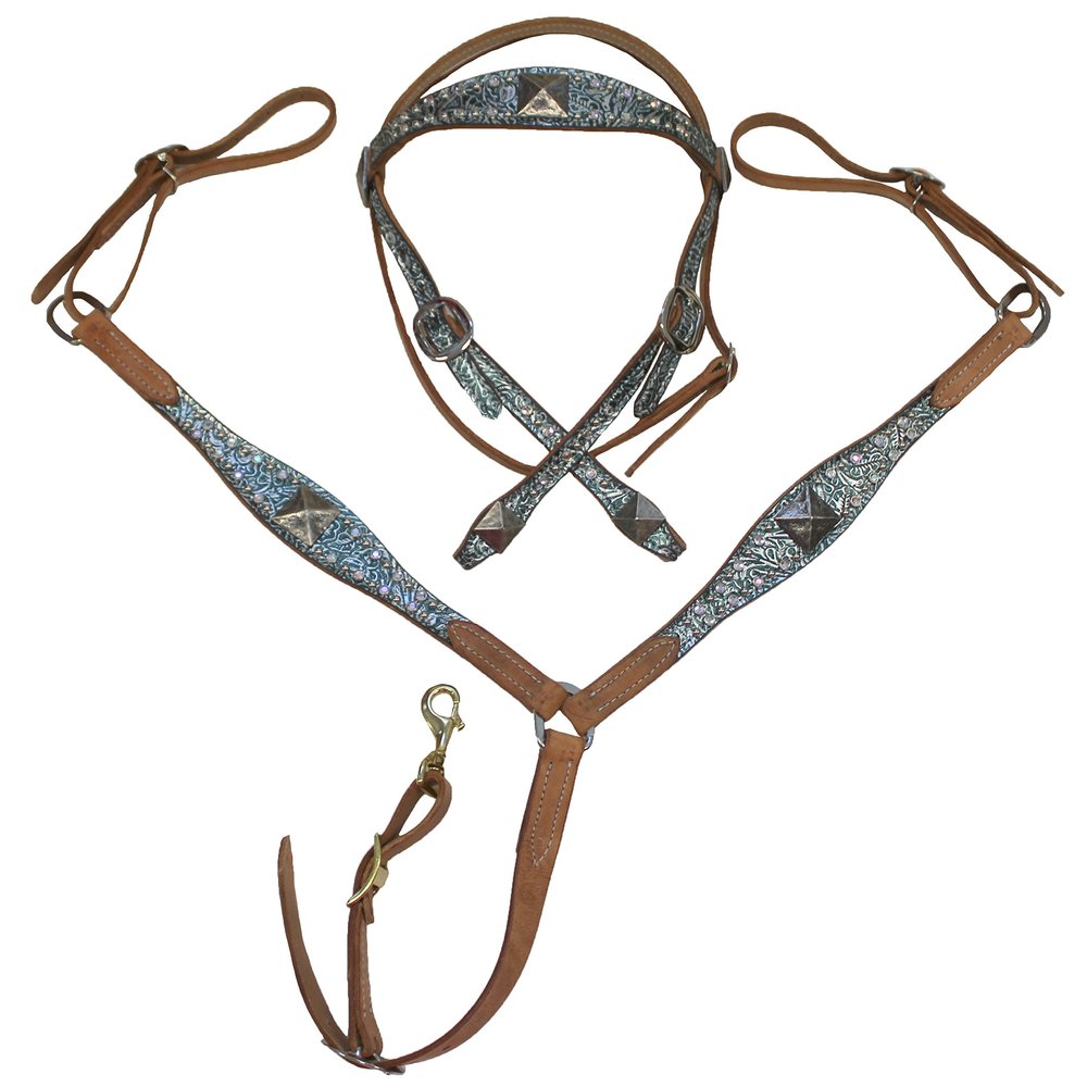 San Saba Equine Leather Headstall and Breastcollar Set with Green Metallic Floral Overlay