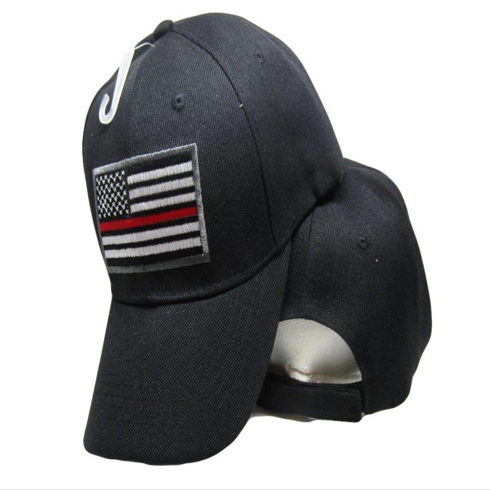 AES Thin Red Line Low Profile Fireman Baseball Cap - Black Firefighters USA Flag Hat