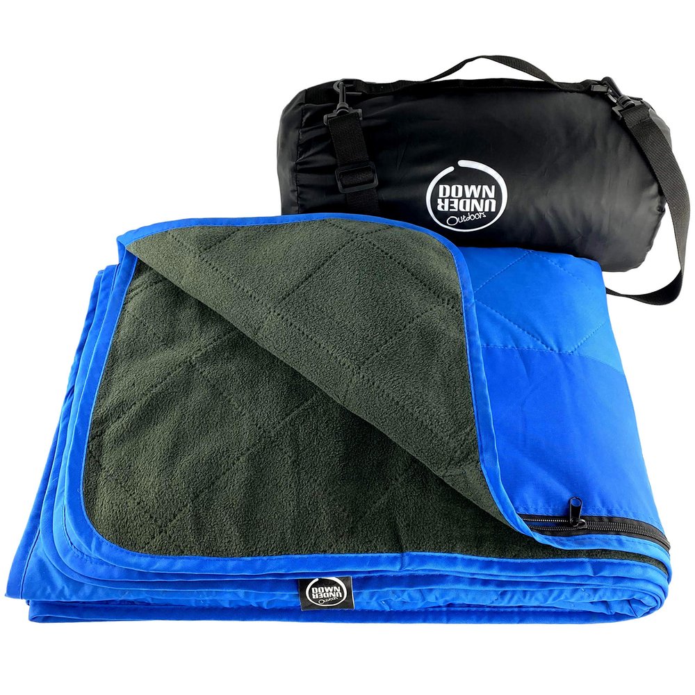 DOWN UNDER OUTDOORS Large Waterproof Windproof Extra Thick 350 GSM Quilted Fleece Stadium Blanket, Machine Washable Camping Picnic & Outdoor, Beach, Baseball,Dog, 82 x 55 (Blue)