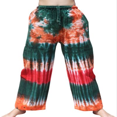 RaanPahMuang Plain Warm Cotton Elastic Waist Pants Pants in Bright Tie Dye, Large, Green Red Multi Color