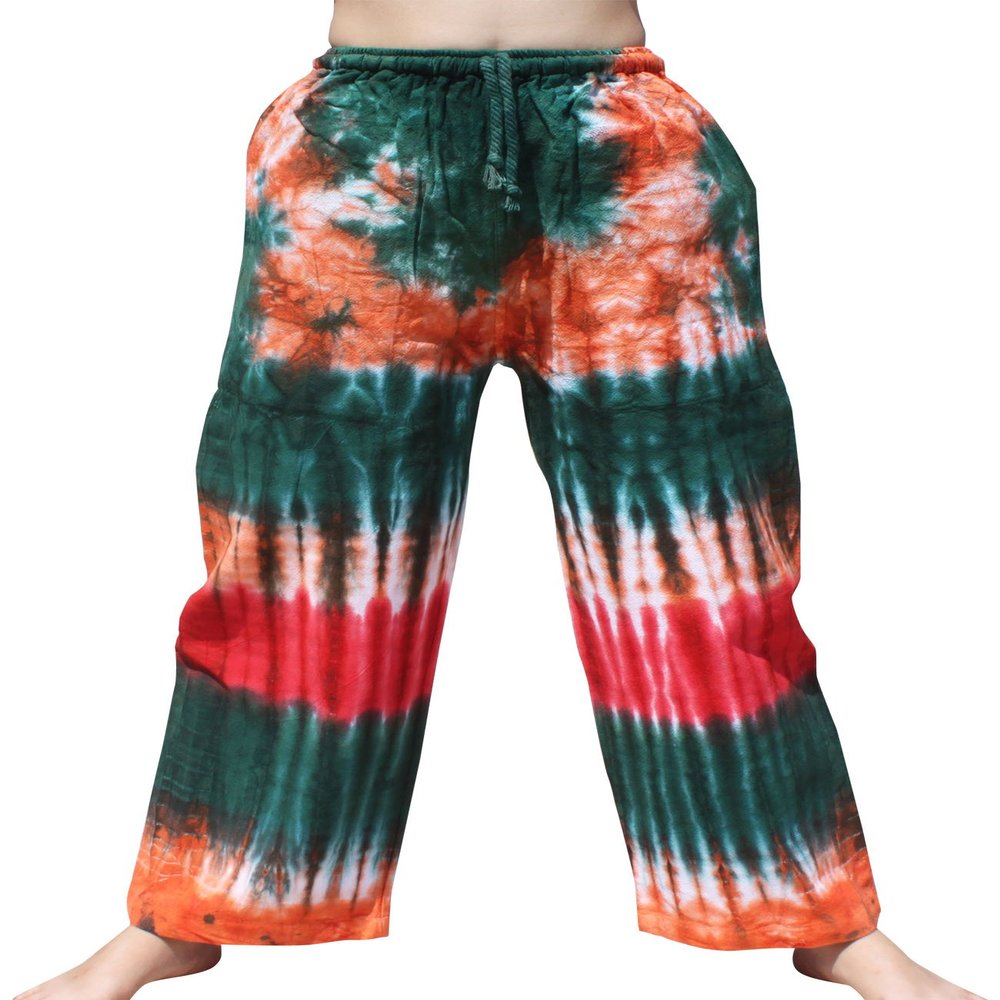 RaanPahMuang Plain Warm Cotton Elastic Waist Pants Pants in Bright Tie Dye, Large, Green Red Multi Color